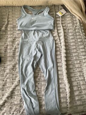 Nike Women's Pale Blue High-Waist Leggings with Matching Sports Bra